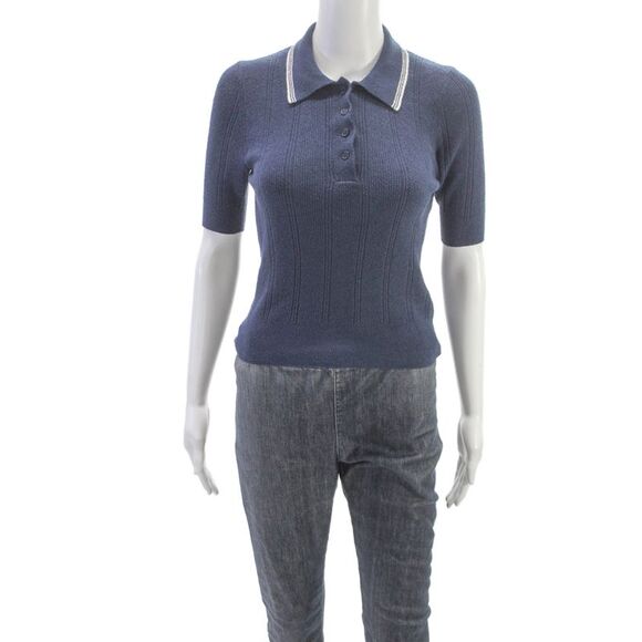 Nili Lotan Sweaters - Nili Lotan Womens Blue Collared Button Polo Short Sleeve Cotton Basic Size XS
